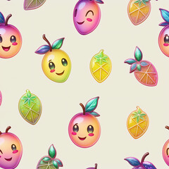 Seamless pattern with cute cartoon fruit characters. Vector illustration.