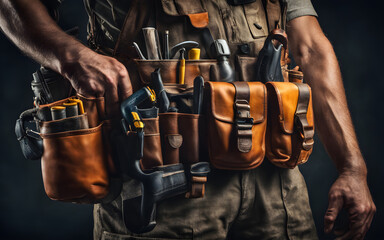 Close-up of a maintenance worker with a tool kit around the waist - Powered by Adobe