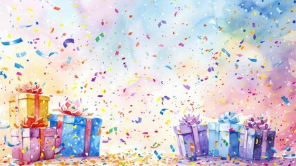 Vibrant Watercolor Confetti and Gifts Celebrating a Joyous Occasion