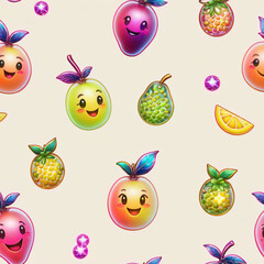 Seamless pattern with cute kawaii fruits. illustration.