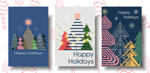 Merry Christmas and Happy New Year greeting card Set, Modern design typography invite posters, template, Layout. Holidays Christmas tree greeting flat design, banner