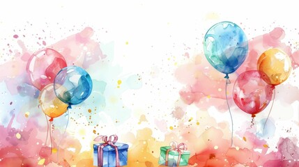 Vibrant Watercolor Balloons and Gifts Celebrating a Joyful Birthday Border