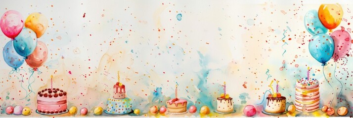 Vibrant Watercolor Backdrop with Birthday Cakes Balloons and Confetti Sprinkles