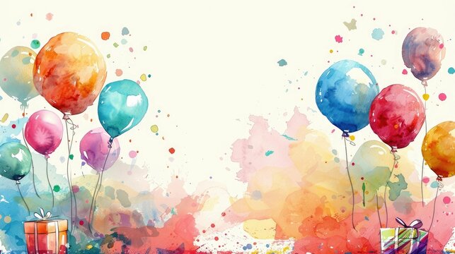 Vibrant Watercolor Balloons and Gifts Celebrating a Joyous Birthday Occasion