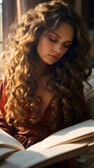  a beautiful woman with cascading locks loses herself in the pages of a gripping novel.