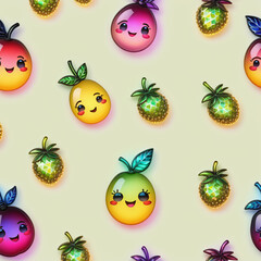 Seamless pattern with cute cartoon fruits on pastel background.