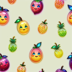 Seamless pattern with funny cartoon fruits on a light background.
