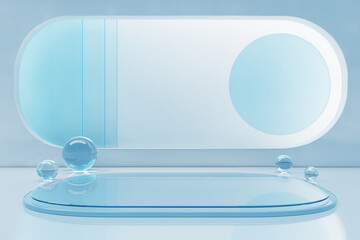 White lab and light blue clear glass backdrop with crystal ball. stage podium clean cool bright. glow light bright product display stand. pedestal for beauty cosmetic or skin care. 3D Illustration.