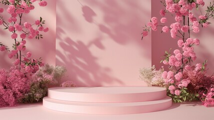 Fototapeta na wymiar Podium mockup,pastel podium for product display,lovely spring,cherry blossom flower background,3d render