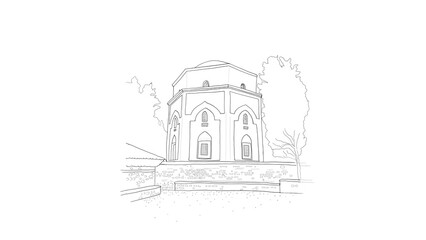 Bursa Green Tomb (Yesil Turbe) illustration. black and white sketch of Green shrine behind trees  hand drawn Green Tomb (Yeşil Türbe) illustration. sketch drawing