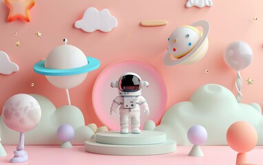 3d render of podium on pastel background. Cartoon astronaut kid in space ship and ufo, 3d render