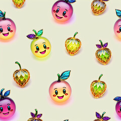 Seamless pattern with kawaii fruits on light background. illustration.
