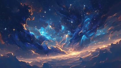 amazing blue and orange nebula with stars, space background - obrazy, fototapety, plakaty