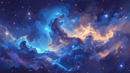 amazing blue and orange nebula with stars, space background  - obrazy, fototapety, plakaty