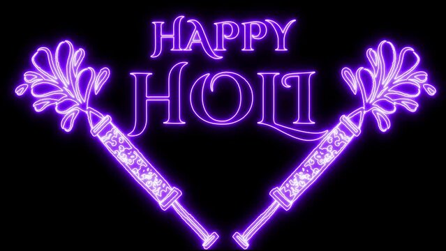 Happy Holi indian festival with rocket design purple neon light animation video