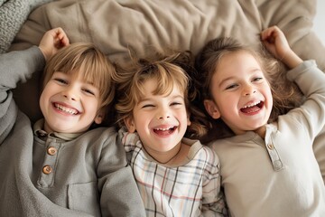 Three cheerful children laughing while lying down together, bonding and showing genuine happiness.