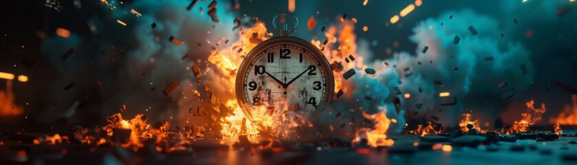 Exploding clock, fire and digital shards, futuristic timer set, twilight glow, eye level, chaotic urgency.