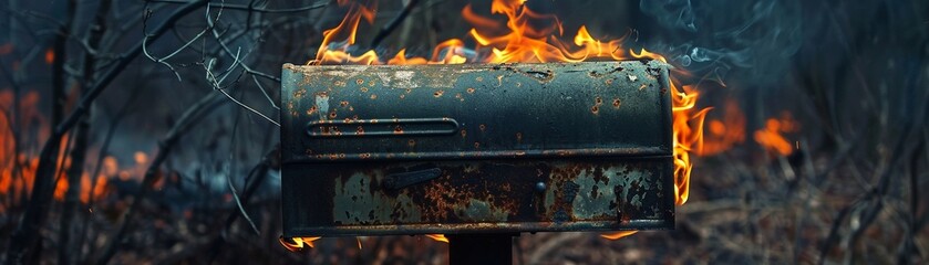 Old mailbox engulfed in fire, vibrant flames on textured surface, twilight hue, tight frame, stark detail.