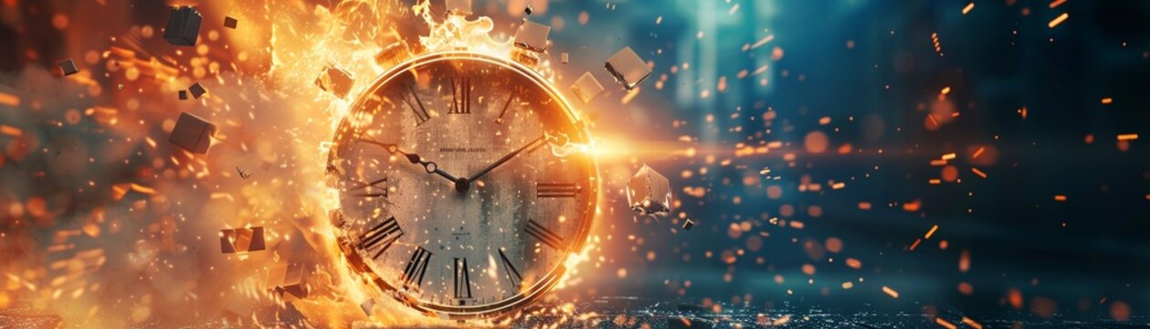 Exploding clock, fire and digital shards, futuristic timer set, twilight glow, eye level, chaotic urgency.