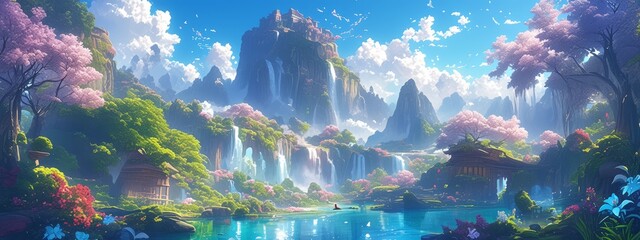 Beautiful fantasy landscape with waterfalls and colorful flowers