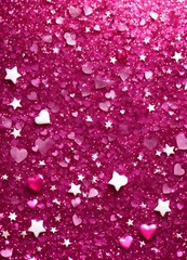 Pink glittery stars and heart background, shiny glitter pink texture