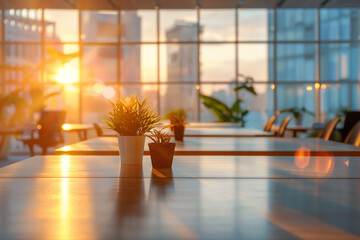 Blurred office workspace background with beautiful soft light at sunrise / sunset , interior workplace with cityscape for business presentation, AI generated