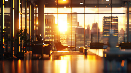 Blurred office workspace background in warm light at sunrise / sunset , interior workplace with cityscape for business presentation, AI generated