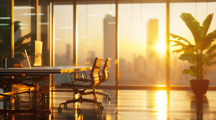 Blurred office workspace background at sunrise / sunset , interior workplace with cityscape for business presentation, AI generated - 778210546