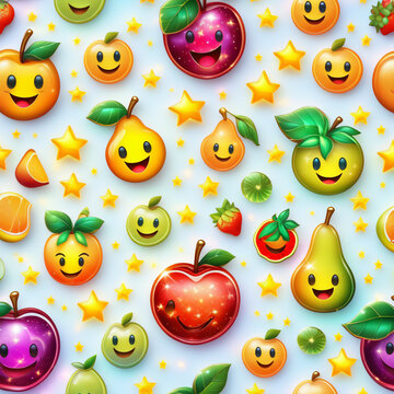 Fruit seamless pattern with smiley faces and stars. illustration.