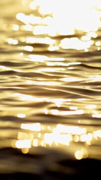 Reflection of golden sunlight over the sea or ocean. Slow motion shot of sea water surface at sunset. Vertical shot