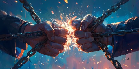 Closeup of two hands breaking an iron chain, sparks flying from the broken connection between them, set against a dark background with blue lighting