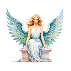 Angel with wings sitting on pedestal, watercolor painting, fairy fantasy, for kids picture book, isolated