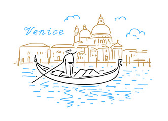 Architecture of Venice with a gondola on the water. Vector hand drawn linear illustration