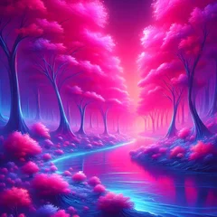 Photo sur Aluminium Roze Fantasy landscape with trees, road and flowers. Digital painting generated by ai