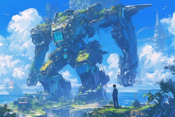 concept art of an abandoned mecha structure covered in vegetation on the island - obrazy, fototapety, plakaty