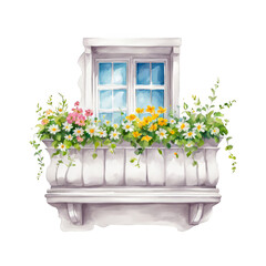A spring balcony with flowers vines wildflowers watercolor painting clipart, floral window, modern minimal, isolated, aesthetic