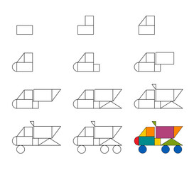 Fototapeta na wymiar Worksheet easy guide to drawing cartoon dump truck. Simple step-by-step drawing tutorial for kids