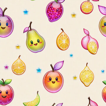 Seamless pattern with cute cartoon fruits on light background. illustration.