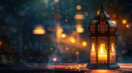 An ornamental Arabic lantern casts a warm glow with a burning candle - obrazy, fototapety, plakaty