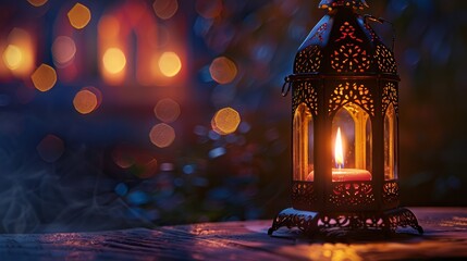 An ornamental Arabic lantern casts a warm glow with a burning candle - obrazy, fototapety, plakaty