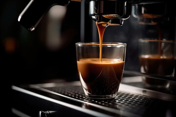 Espresso pours into a cup, warm ambiance.
 - obrazy, fototapety, plakaty