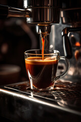 Espresso pours into a cup, warm ambiance.
