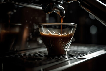 Espresso pours into a cup, warm ambiance.

