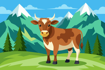 Obraz na płótnie Canvas Alpine cow against the background of green mountains. Summer time. Vector image. 