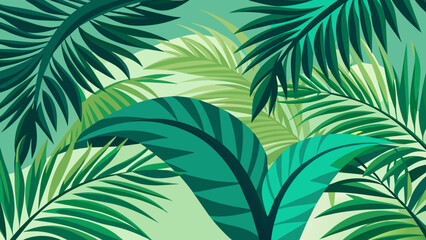 green palm leaves. Vector image.
