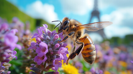 a bee and flower - obrazy, fototapety, plakaty