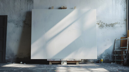 A blank white canvas rests on a wooden easel in a well-lit artist's studio.