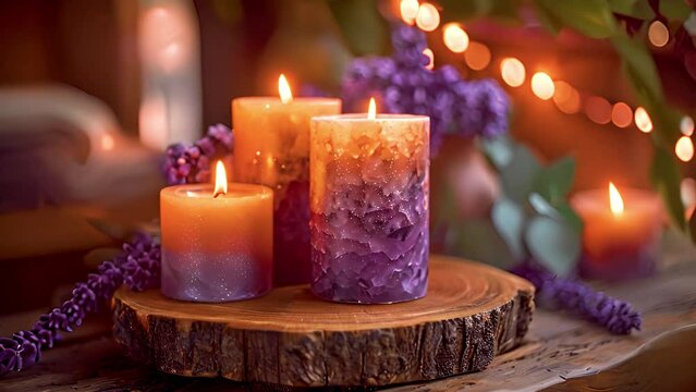 Purple candles zodiac signs, astrology and burning candles Color tone effect. Spiritual mystery fortune telling background 4k