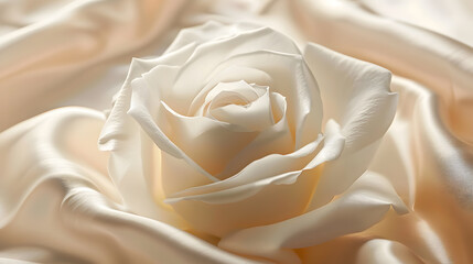 A single white rose with a delicate stem rests on a soft, white fabric.
