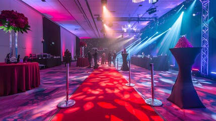 A red carpet unrolls towards a brightly lit stage in a large auditorium, creating a dramatic entrance for award ceremonies or galas.